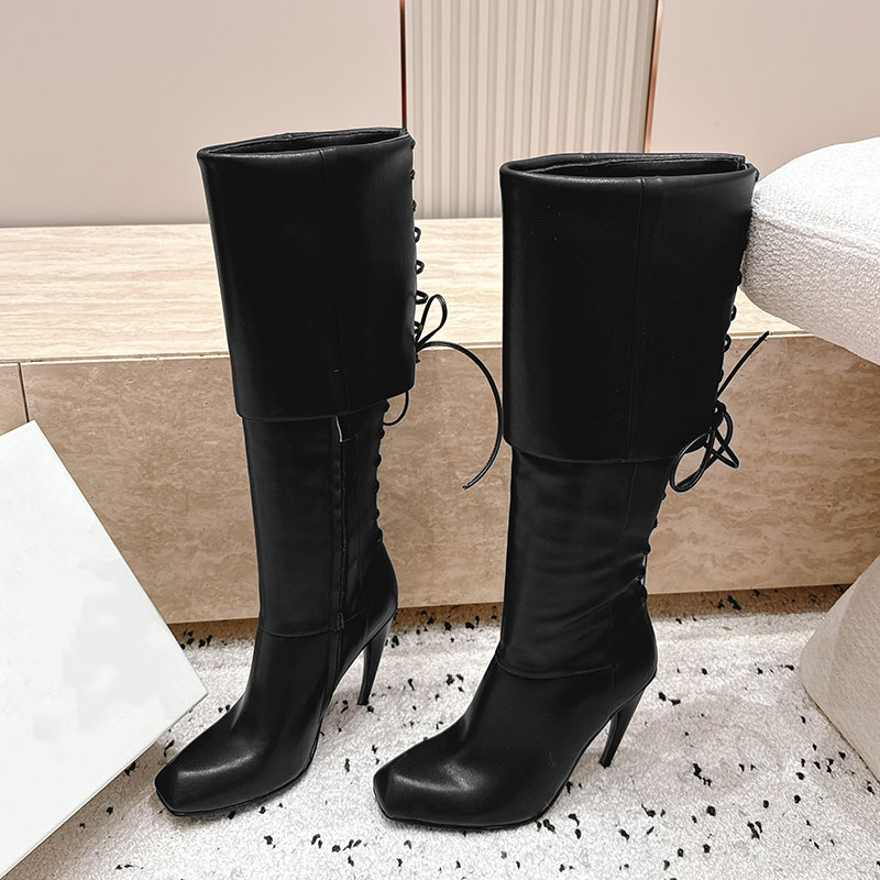 Womens Horn Heel Knee High Boot In Black Ladies Folded Leg Knee Boots 862746 Designer Tonal Laces On The Back Fashion Boot Classic Item Lamb Leather