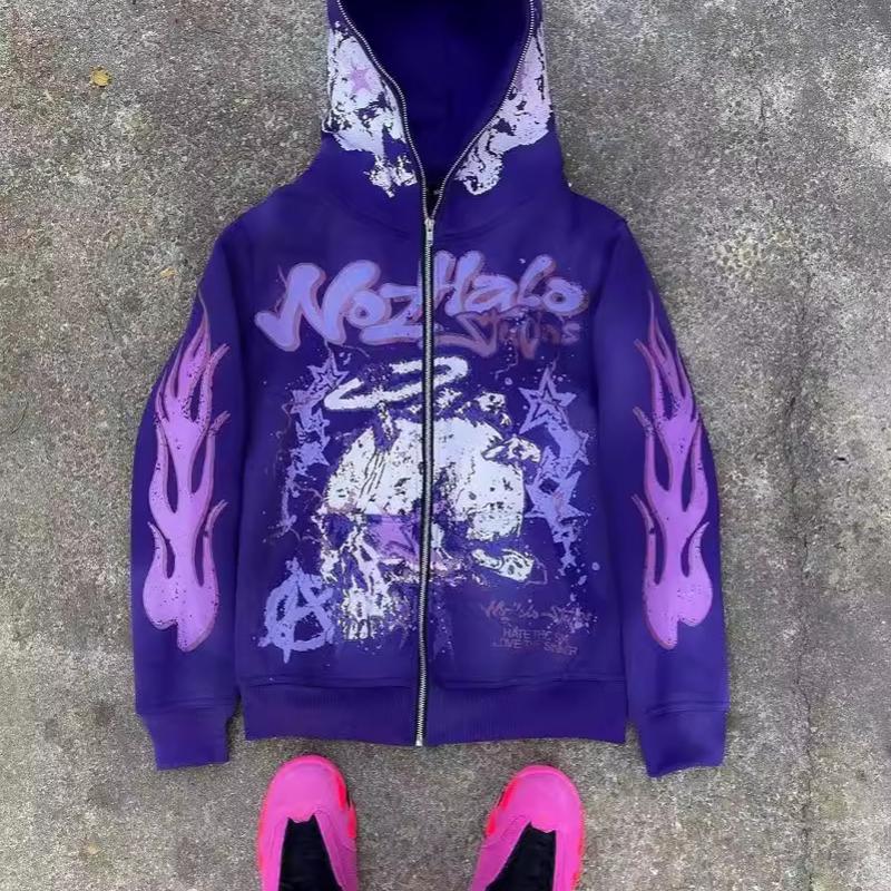 Men Full Zip Drawstring Hooded Sweatshirt Hood Inner Graffiti Print Front Skull Paint Detail Drop Shoulder Relaxed Fit Y2K Streetwear Hoodie Jacket