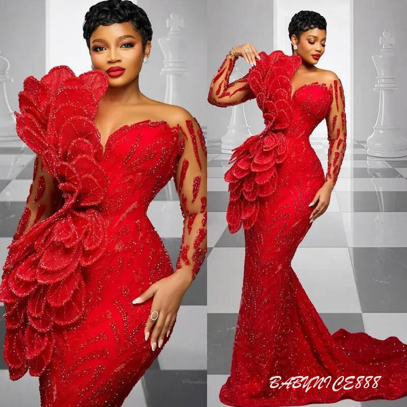 Aso Ebi Red Prom Dress Mermaid Evening Dresses Formal Gowns For Black Women Sheer Neck Illusion Beaded Lace Crystals Flora Birthday Second Reception