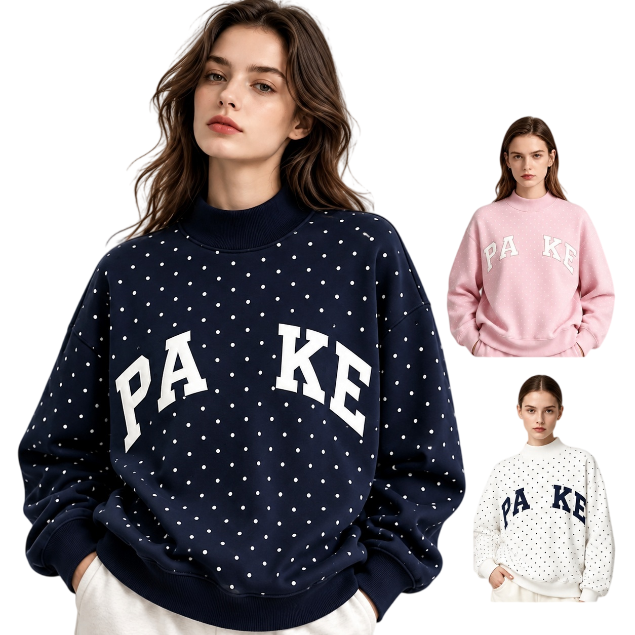 Sweat-shirt à pois Parkely de qualité supérieure, sweat-shirt brodé à col montant, pull ample à épaules tombantes, streetwear à manches longues,