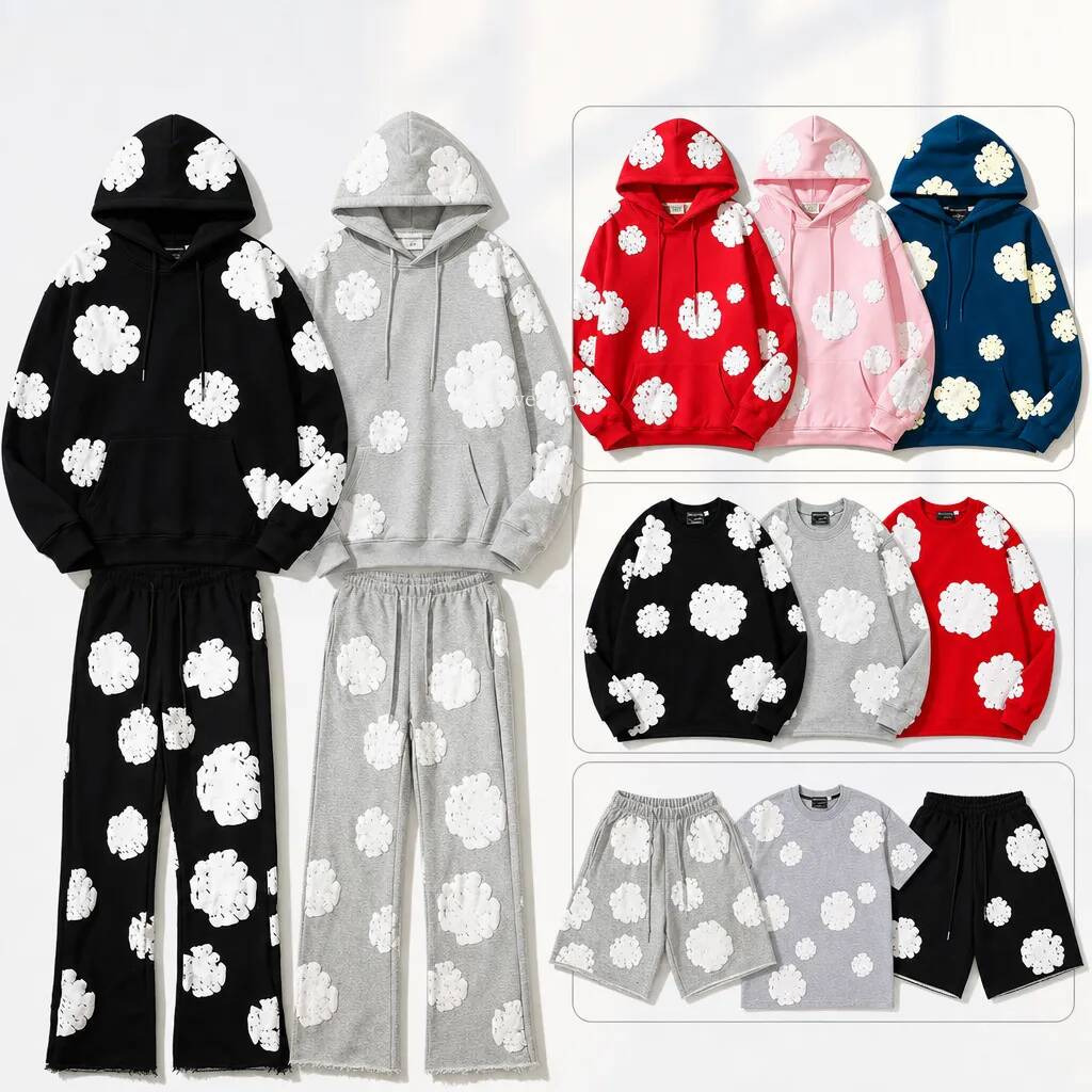 Denim Teears Hoodies Casual Pants Street Hoodies Designer Foam Kapok Flower Print For Men Women Short Sleeved Shorts Round Neck Clothing Wreath Swea