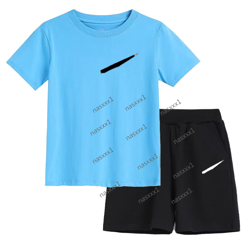 Summer Short Sleeve Children's 100% Cotton Blue T-shirt Set Sports Fashion Boys Girls Shorts 2pcs Set Casual Letter Print Kid Set Outfits