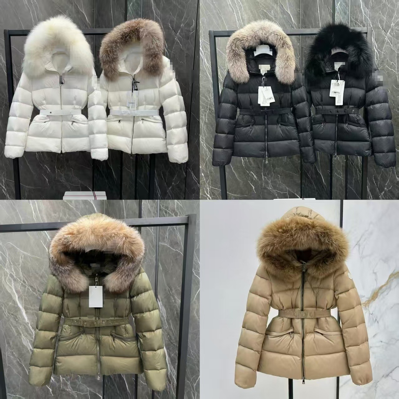 Women's Designer Fur Down Jacket High Quality Warm Fur Trim Hood Slim Coat Breathable Belted Puffer Short Coat Winter