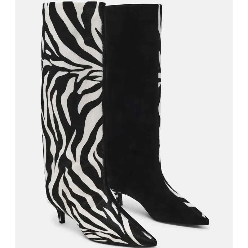 Zebra Stripes Patchwork Knee High Boots Sexy Pointed Toe Thin Heels Slouchy Boots Customized New Arrivals Fashion Women Boots