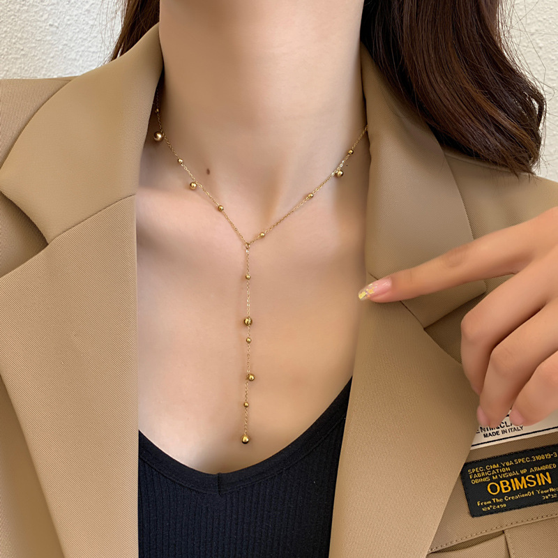 French Style Light Luxury Long Tassel Round Bead Pendant Titanium Steel Necklace For Women New Niche Design Fashion Simple Collarbone Chain