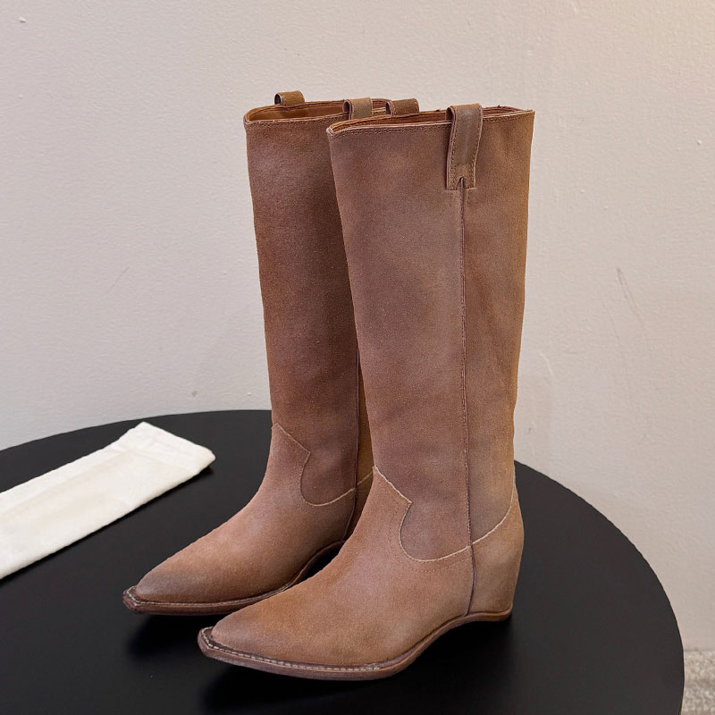 Womens Heel Less Western Boots Designer Calfskin Knight Boot Ladies Luxury Brand Leather Boots Sheepskin Lining Pointed Tip Chelsea Boot Leather Out
