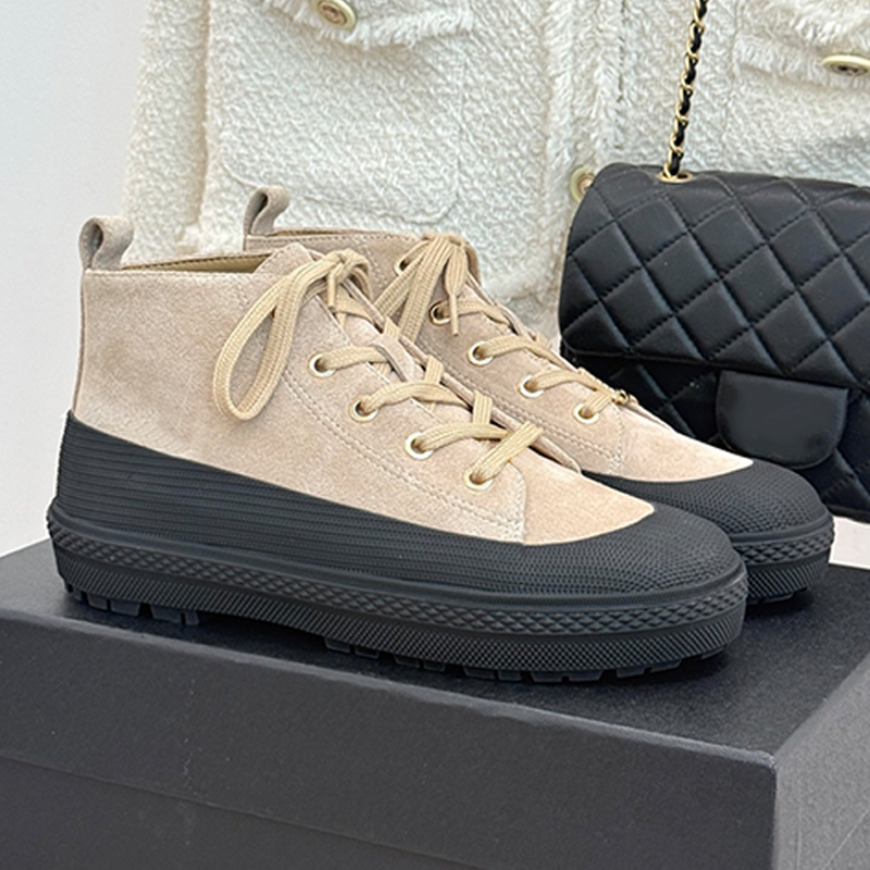 Womens CC High Top Sneakers Luxuy Suede Calfskin Round Toe Lace Up Designer CC Sport Shoes Fall Winter 2026 Pre Collection Two Tone Color Block Flat