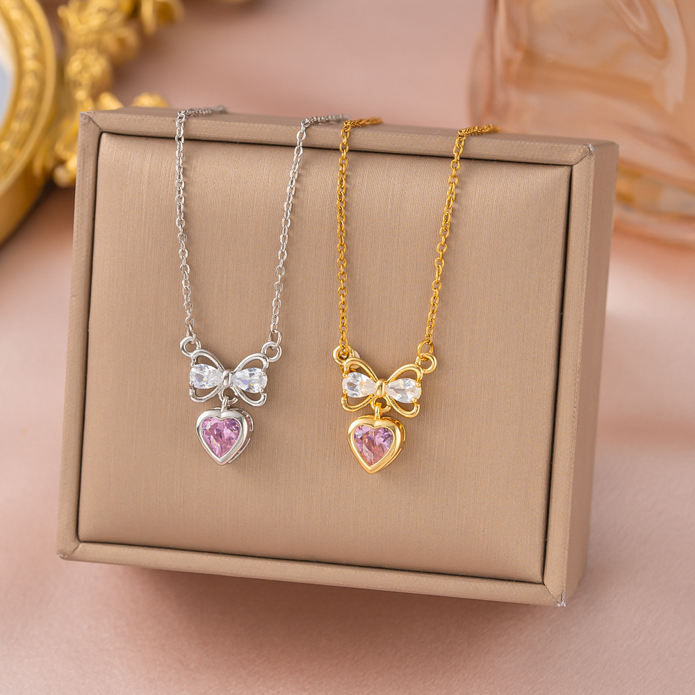 Forest Style Sweet Bowknot Pink Diamond Heart Micro Inlay Necklace For Women Exquisite Versatile High-End Super Fairy New Clavicle Chain