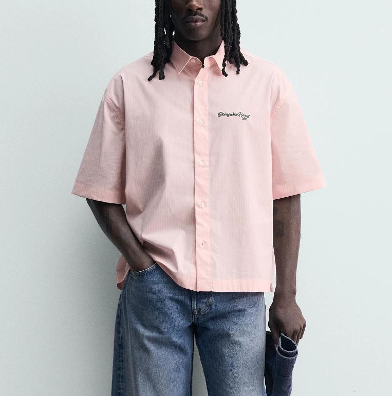 High-quality men's summer striped short-sleeve shirt, casual loose color-block embroidered printed lapel button cotton pink shirt