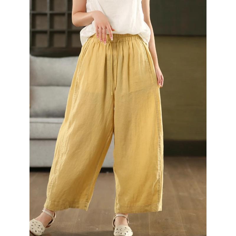 Pantalon d'été en coton et lin à jambes incurvées pour femmes, ample, cravate à la taille, longueur cheville, pantalon décontracté, amincissant,