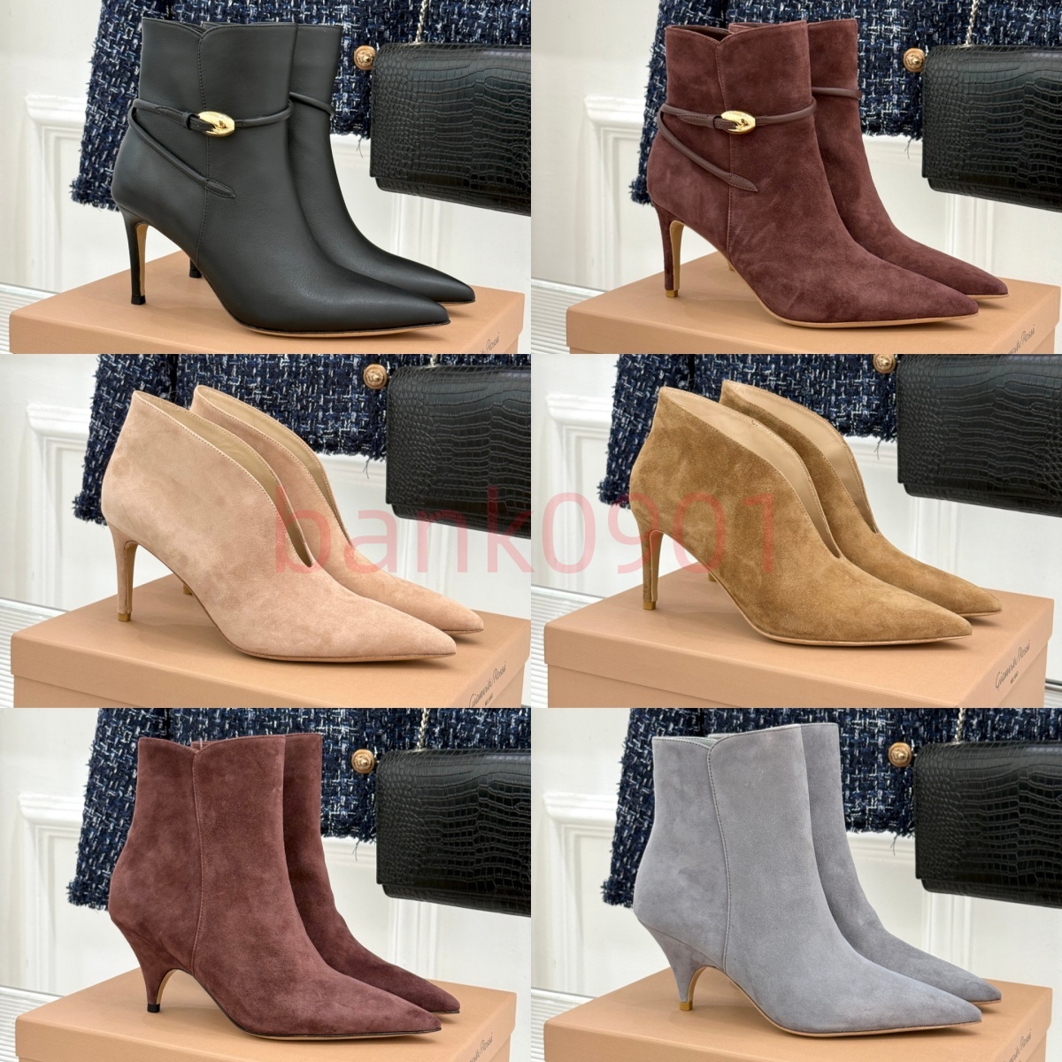 Luxus-Designer Gianvit Ross Damen-Stiefeletten mit goldfarbenem Schnallenriemen, spitze Zehenpartie, Stiletto-High-Heels-Stiefel, echtes Leder, Ball
