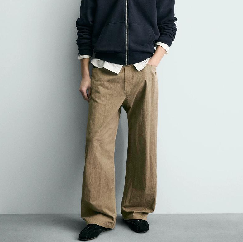 High-Quality Goods Men's Cotton-Blend Loose Wide-Leg Casual Pants, khaki Straight-Leg Trousers for Spring and Summer, Zipper Fly with Pockets,