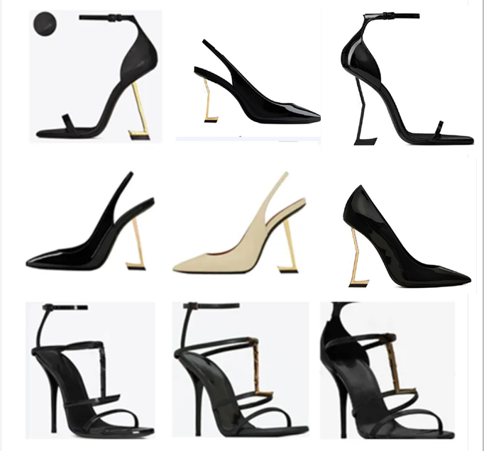 2025 Early Spring French Letters Gold Buckle High Heels Black Genuine Leather Womens Shoes Open Toe Stiletto Temperament Designer Sandals
