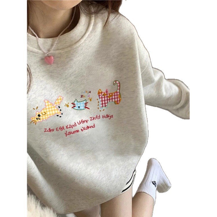 American Style Trendy Brand White Gray Hoodless Sweatshirt for Women 2025 New Hot Autumn Winter Round Neck Loose Top Jacket with Fleece NH 3 c8