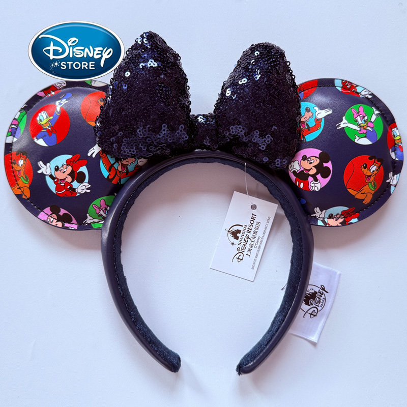 Disney Mickey Friends Minnie Ears Headband Navy Sequin Bow Minnie Goofy Donald Daisy Pluto Print Mouse Ear Hairband Theme Park Costume Hair Accessor