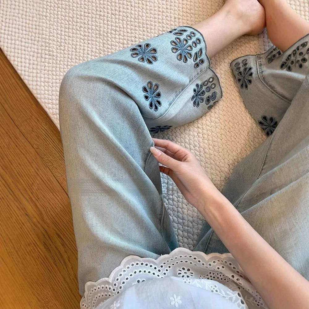 Floral Hollow Embroidery Straight-Leg Jeans For Women Autumn Large Size High-Waisted Slimming Wide-Leg Pants S2610137VZS