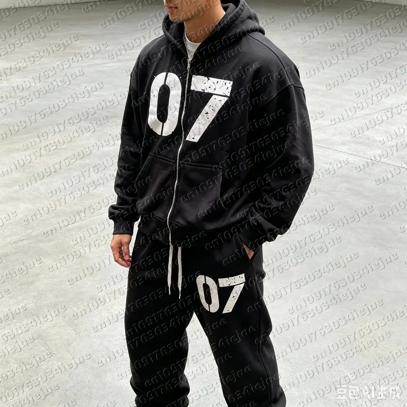 Streetwear Y2K Casual Baggy Sweatpants Drawstring Sports Pants Zipper Cardigan Fashion Digital Print Hooded Men Kid Street Set 261013