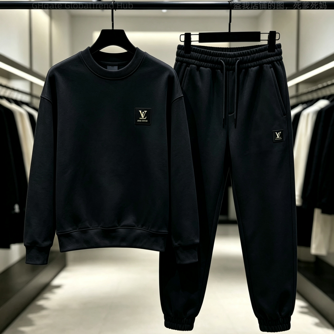 Men Autumn Winter Crew Neck Tracksuit 2 Piece Outfit, Premium Square Badge Sweatshirt & Jogger Pants, Multi Colors, Hip Hop Casual Street Travel Vac