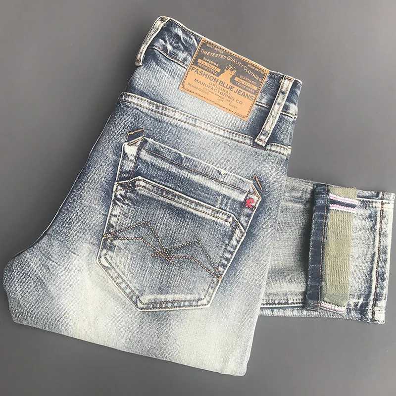 New Trendy Brand Jeans for Men Spring Autumn Slim Fit Small Feet Elastic Water Washed Retro Trendy Casual Long Pants C2601013
