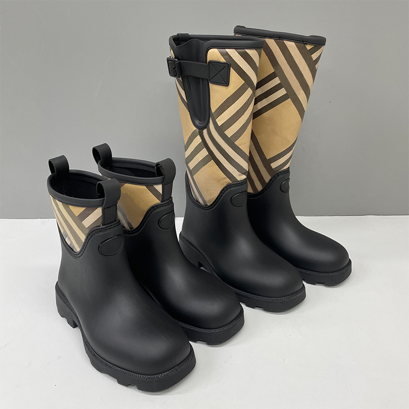 Designer Boots New Women Rainboots Check Rain Boots Plaid Marsh Stamp Rubber High Boots Ride Martin Boots Platform Ankle Rainboots Adjustable 1004
