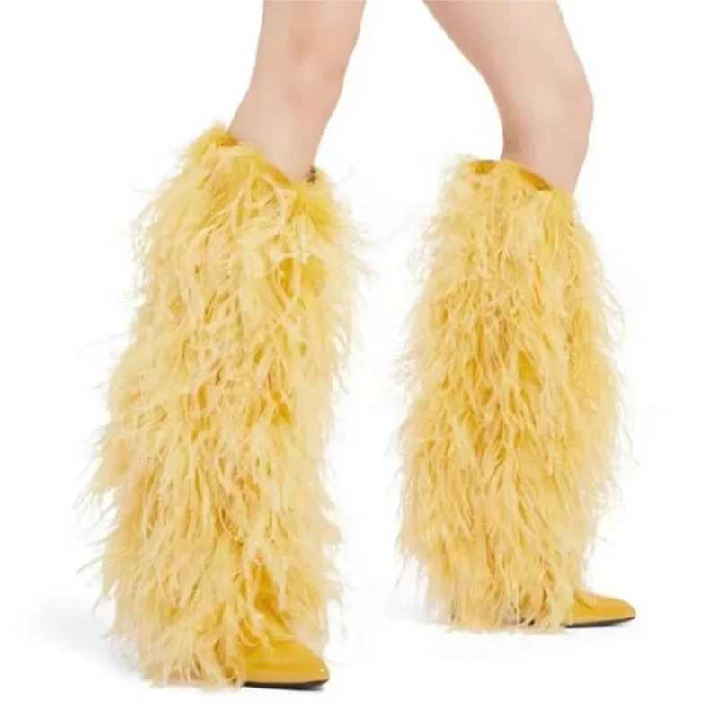 Fashion Candy Colored Plush Knee High Boots Sexy Orange Purple Winter Pointed High-heel Boots 35-43 Magazine Model Women's Shoes
