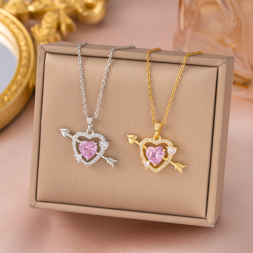 Sweet Pink Diamond One Arrow Through The Micro Inlaid Necklace For Women Light Luxury Fashion High-End Cupid's Heart New Clavicle Chain
