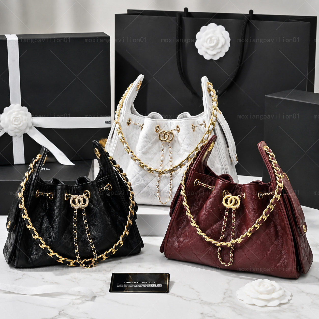 High-Quality Designer Bag: Mini 25 Tote Bag with Drawstring, Metal Chain and Leather Accents, Caviar Finish, Smooth Lambskin, Luxury Bag, Large Capa