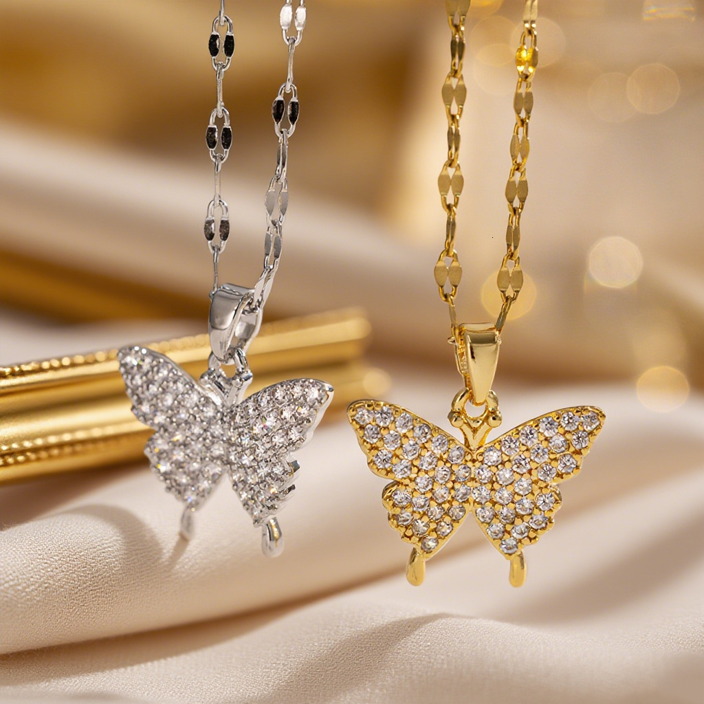 Minimalist Ins-Style New Full-Zirconium Butterfly Pendant Titanium Steel Necklace For Women, 18K Gold, Korean Style, Versatile, Cool And Trendy Clav