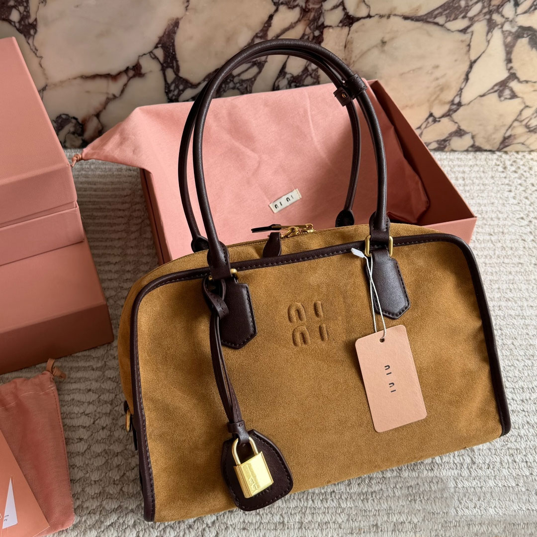 High Quality Women Boston Handbag Suede Cowhide Leather Splicing Retro Top Handle Bag Large Capacity Daily Commuter Ladies Tote Purse 2 Colors