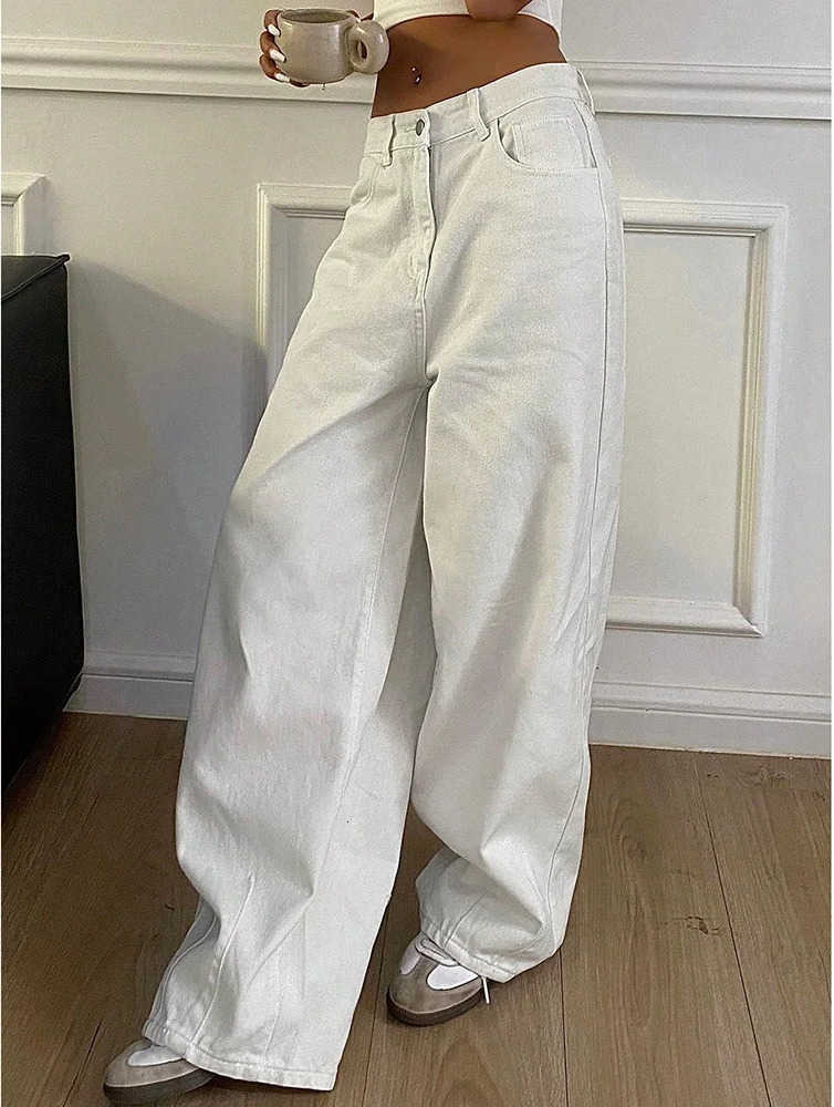 Jeans 2025 Women Waist Pocket White Solid Retro Wide Leg Pants Office Lady S261013YAW7