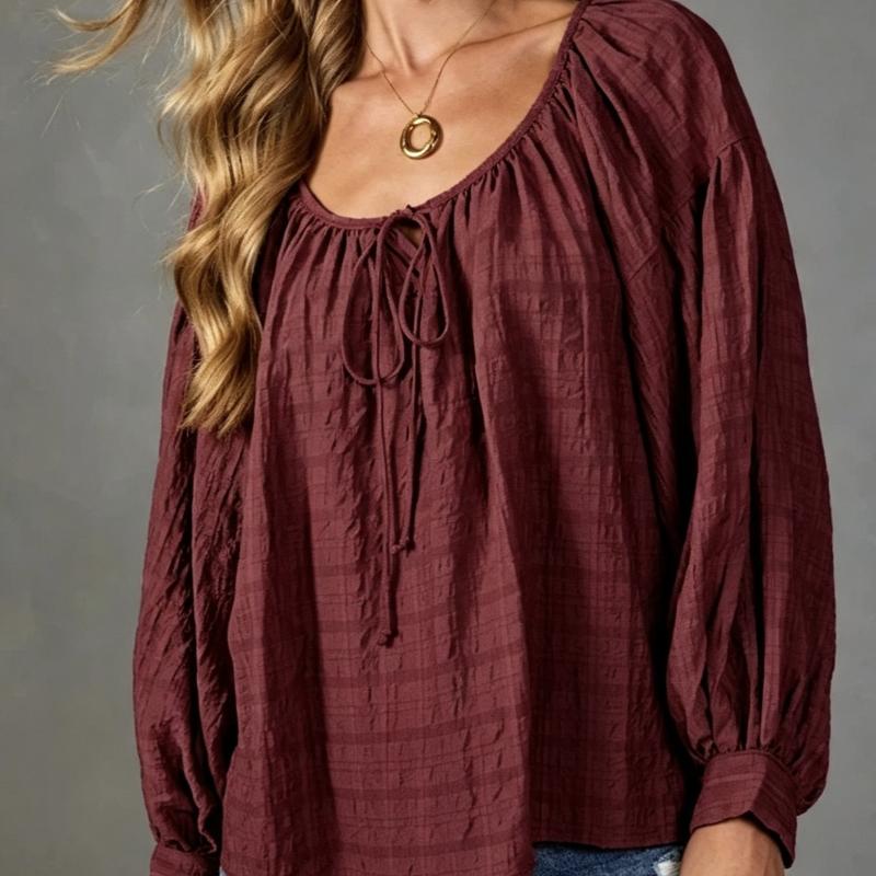 Designer Women's New Solid Color Casual Round Neck Drawstring Long Sleeve Loose Fit Polyester Top Streetwear Basic Tee
