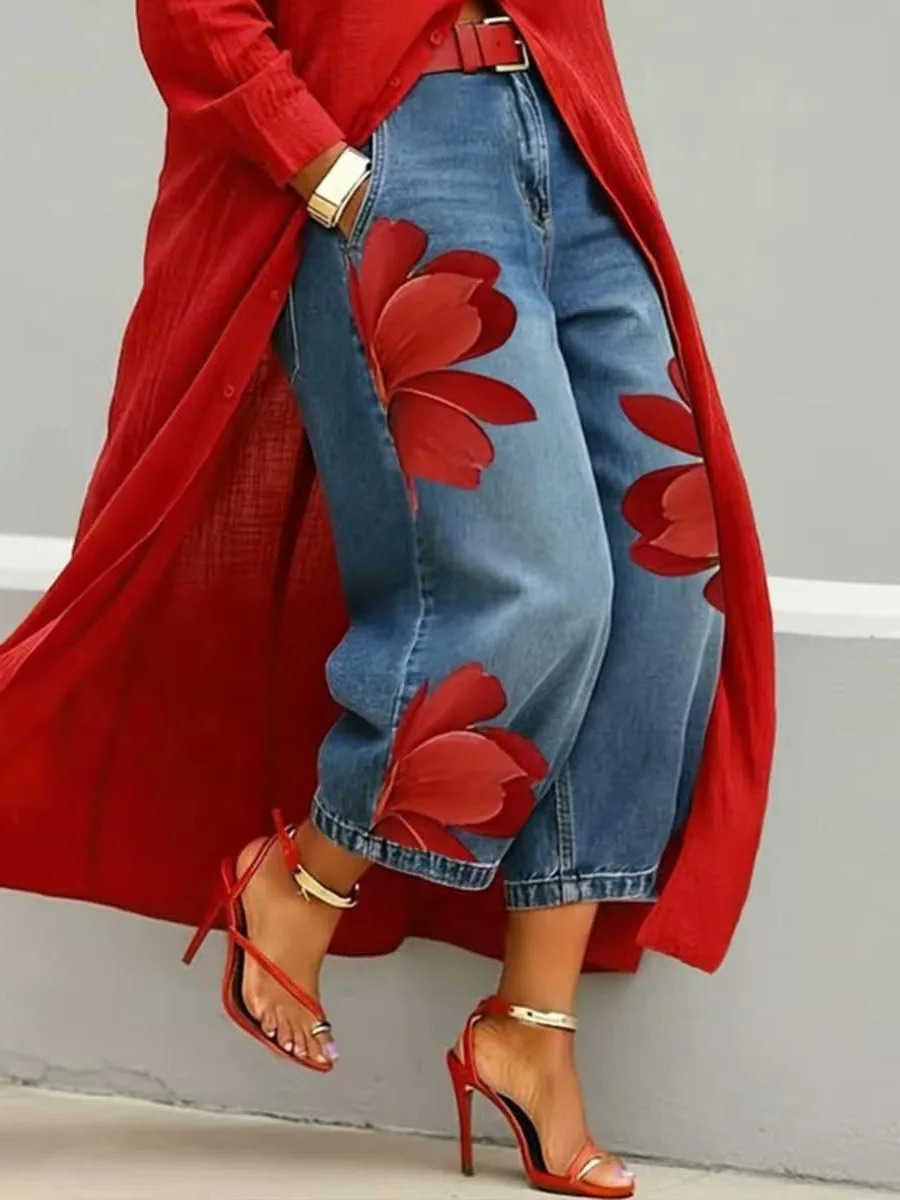 Womens Strtwear Floral Waist Jeans Wide Leg Pants Plus Size Trousers S261013NY4X