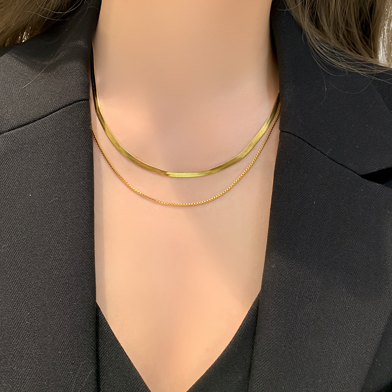 European And American INS Trend Fashion Retro Double Layer Snake Bone Stacked Titanium Steel Necklace For Women Light Luxury Versatile Neck Chain No