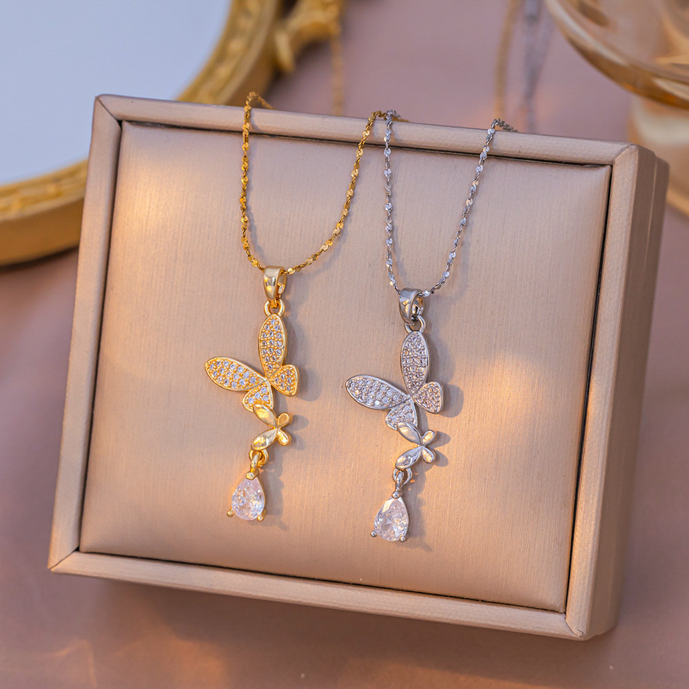 Micro Inlaid Full Diamond Super Shiny Butterfly Tassel Necklace For Women, Ins Niche High-End Light Luxury Collarbone Neck Chain Accessories