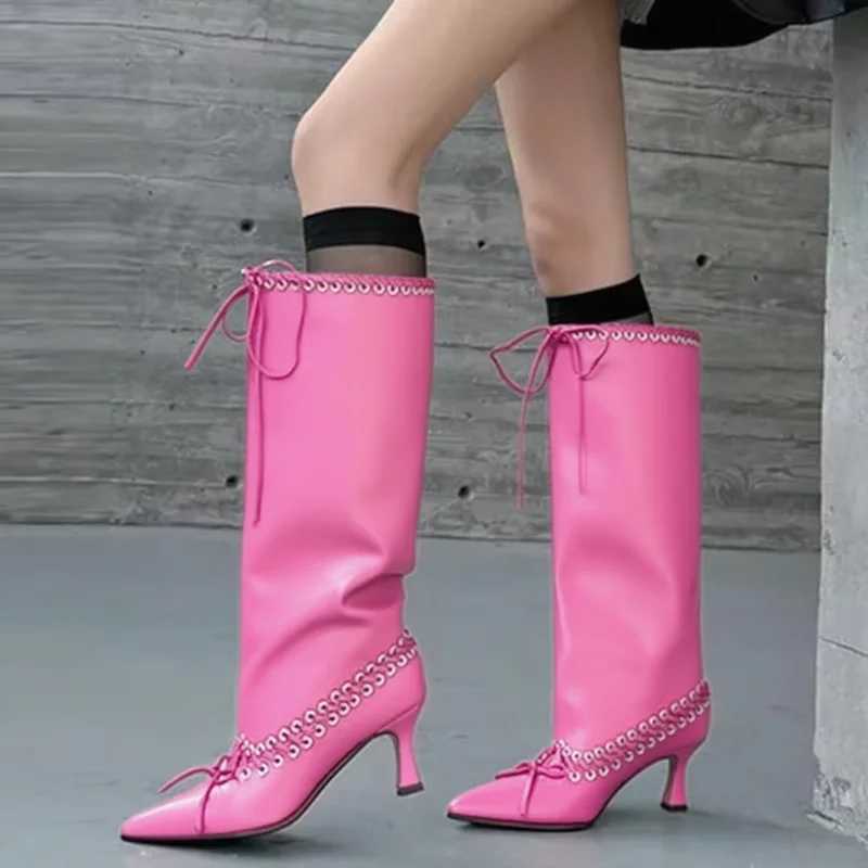 Metal Rivet Lace-Up Knee High Boots Sexy Pointed Toe Solid Stiletto Accetp Customized New Arrivals Fashion Women Boots