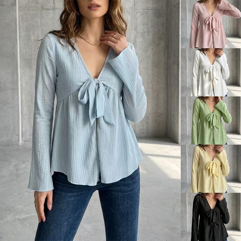 Designer Women V Neck Bow Tie Textured Flared Sleeve Blouse Solid Color Slim Waist Elegant Commute Top Spring Autumn