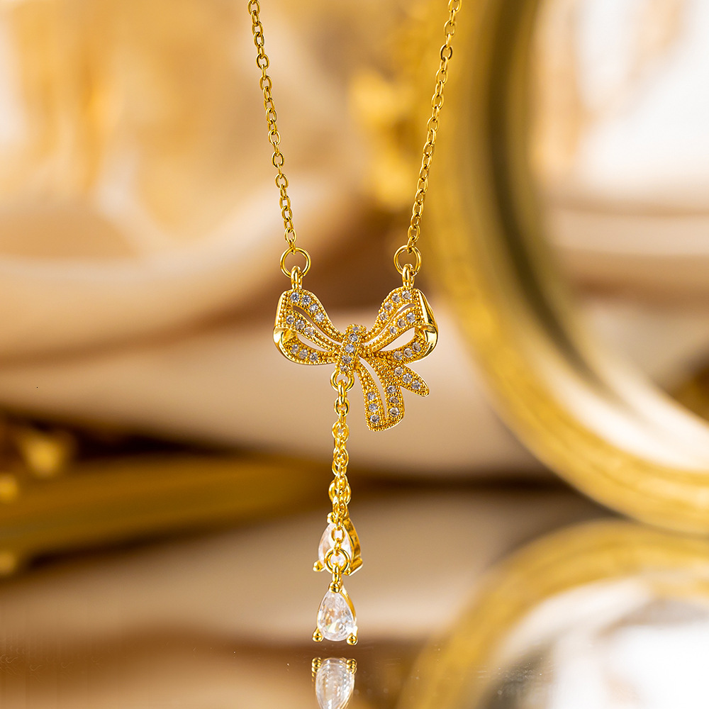 Tassel Bow Zircon Small Water Drop Titanium Steel Necklace For Women Versatile New Trendy Niche Design Light Luxury Clavicle Chain
