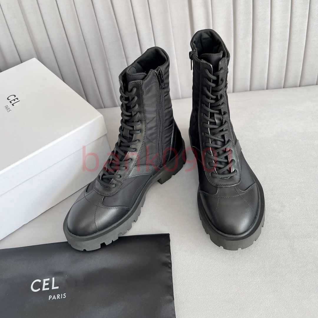 Luxury Designer Womens Mid Calf Boots Winter Nylon Stitching Leather Military Combat Boot Chunky Platform Lace Up Motorcycle Knight Riding Shoes Siz