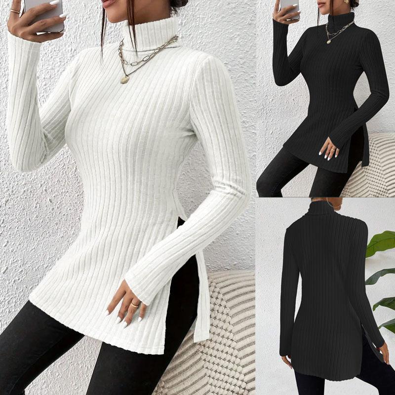 Pull côtelé à col haut et ourlet fendu pour femme, surdimensionné, grande taille, manches longues, coupe cintrée, mi-long, couleur unie, haut déc