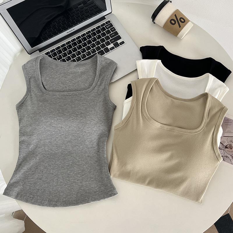 Débardeur rembourré intégré à col carré pour femmes de haute qualité, Camisole sans manches à larges bretelles, haut de superposition de base fla