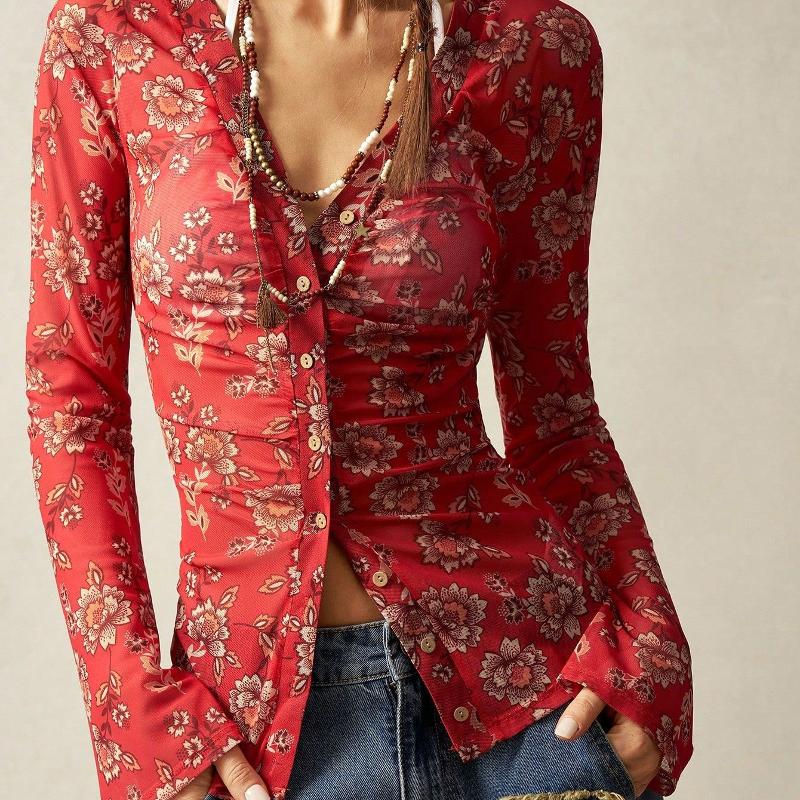 Women V Neck Floral Printed Mesh Long Sleeve Shirt Front Button Closure Ruched Bust Slim Fitted Flared Cuff Sheer Vintage Blouse