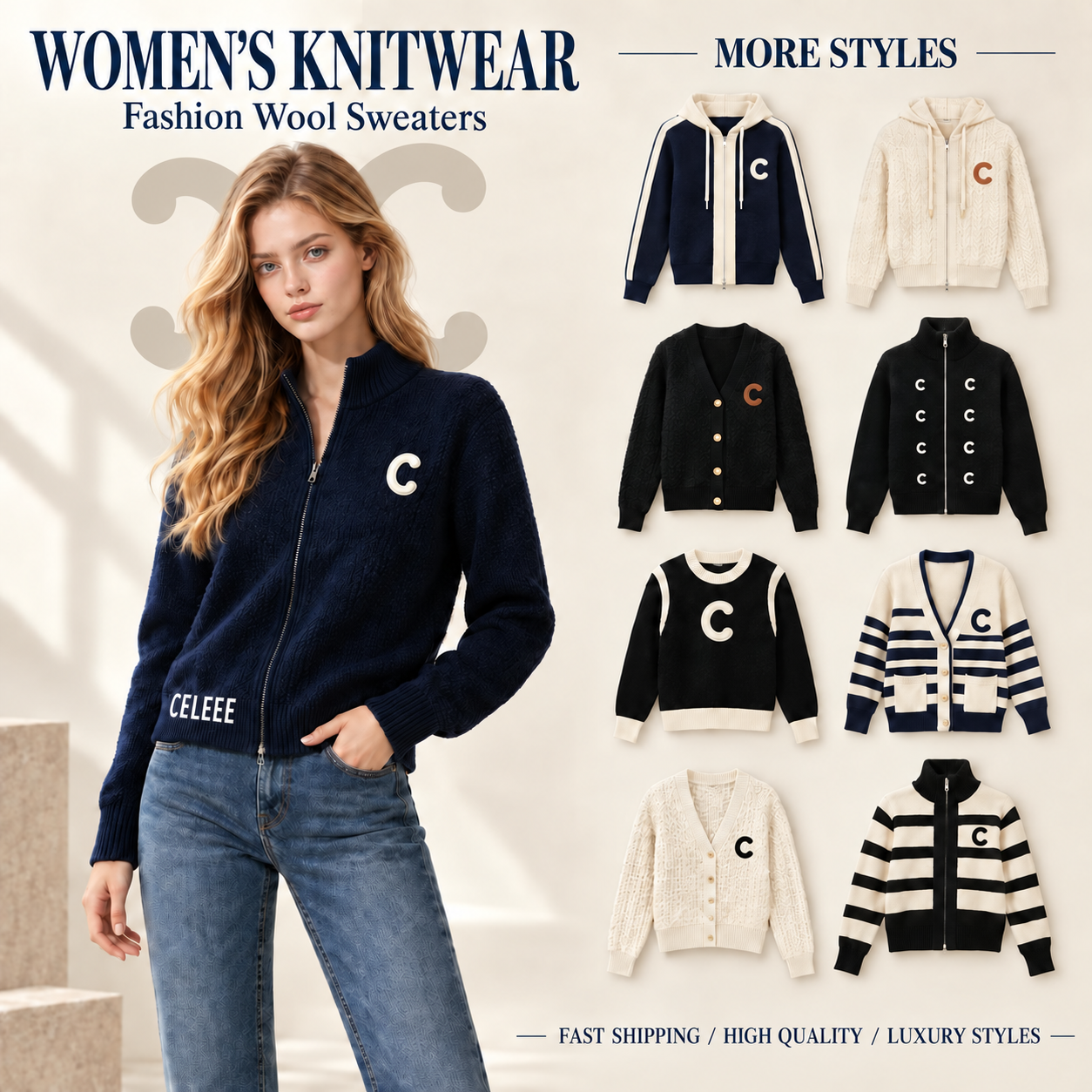 Designer Sweater Womens Knit Cardigan Fashion Stand Collar Zip Up Knit Coat Designer Minimalist Sweater Casual Crew Neck Sweater Long Sleeve Crew Ne