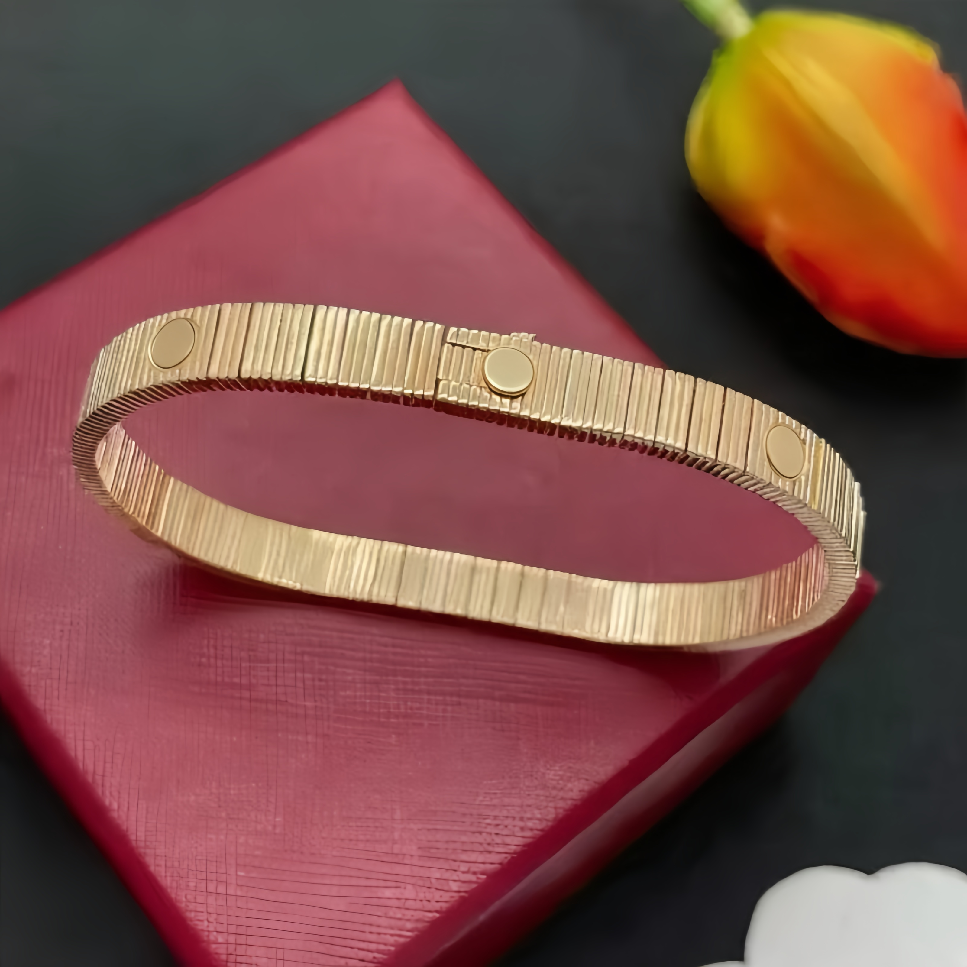 Luxury Designer Stainless Steel Bracelet for Men Women, Classic Grooved Texture Bangle, 18K Gold Plated Fashion Couple Bracelet, Elegant Statement W