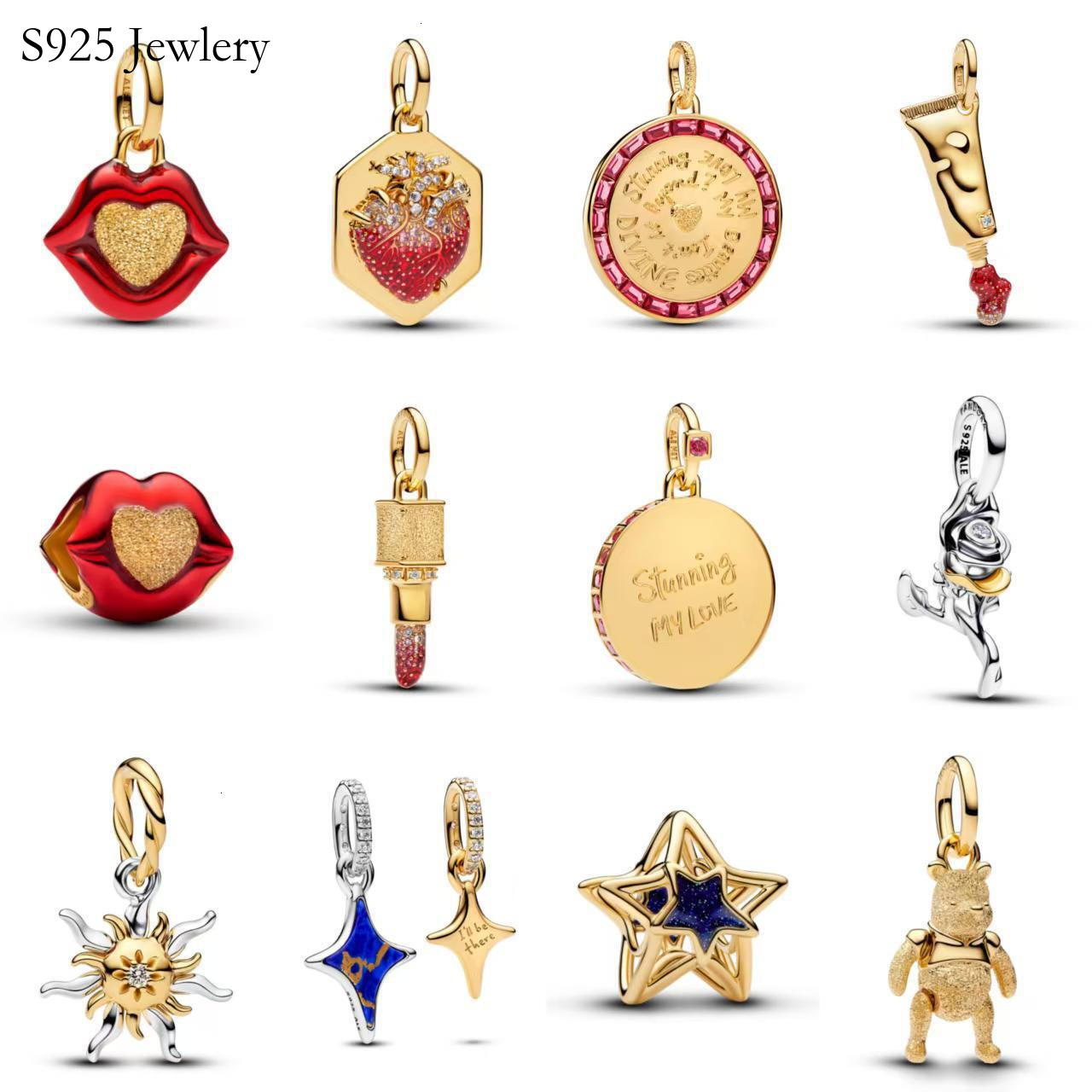 2026 925 Sterling silver vintage gold heart, lip, star, and bear charms For women DIY bracelet and bead accessories wholesale