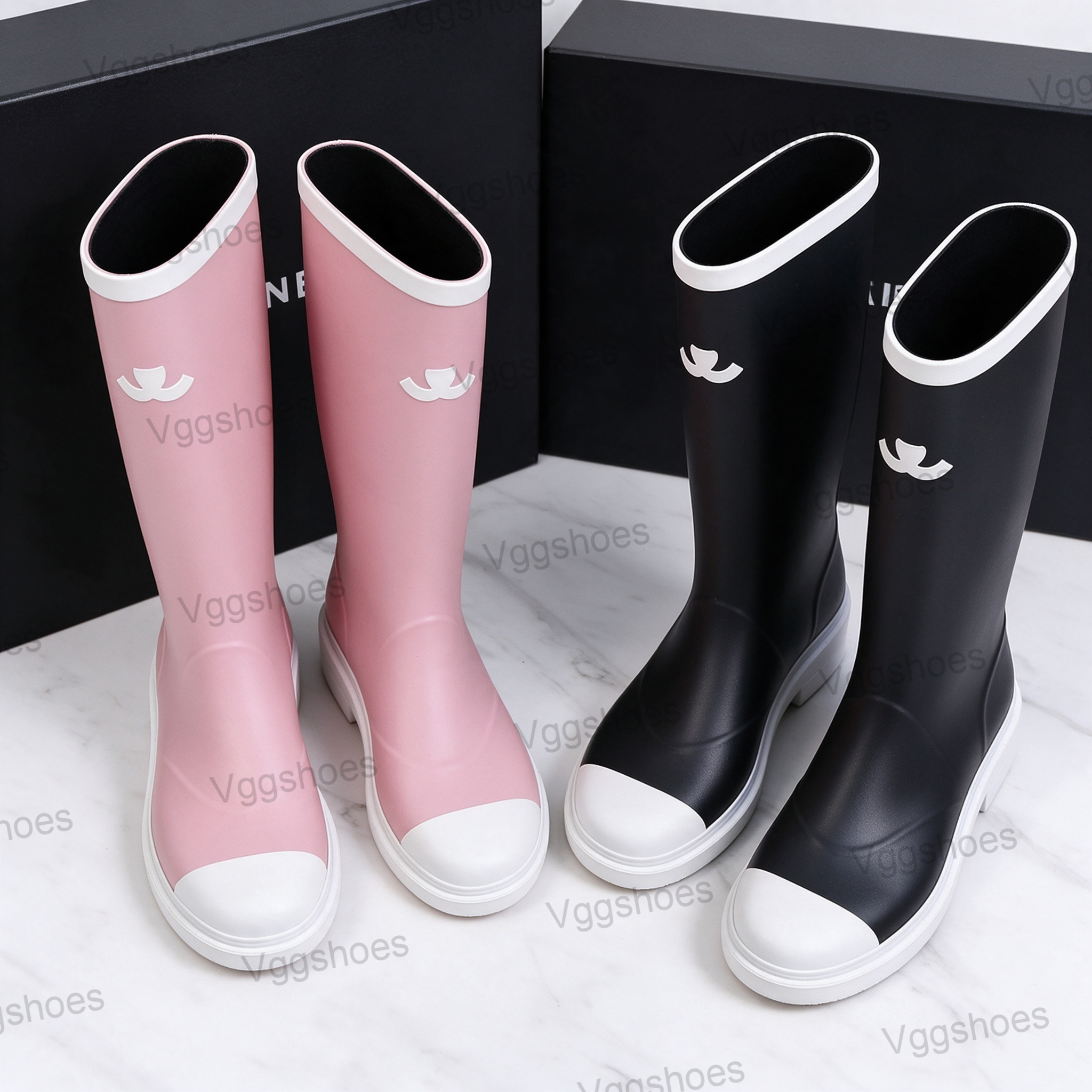Riain Boots Brand Designer Square Toe Women's Rain Boots Thick Sole Ankle Booist Excellent Quality Winter Women Rubber CC Boot Fashion CC shoes