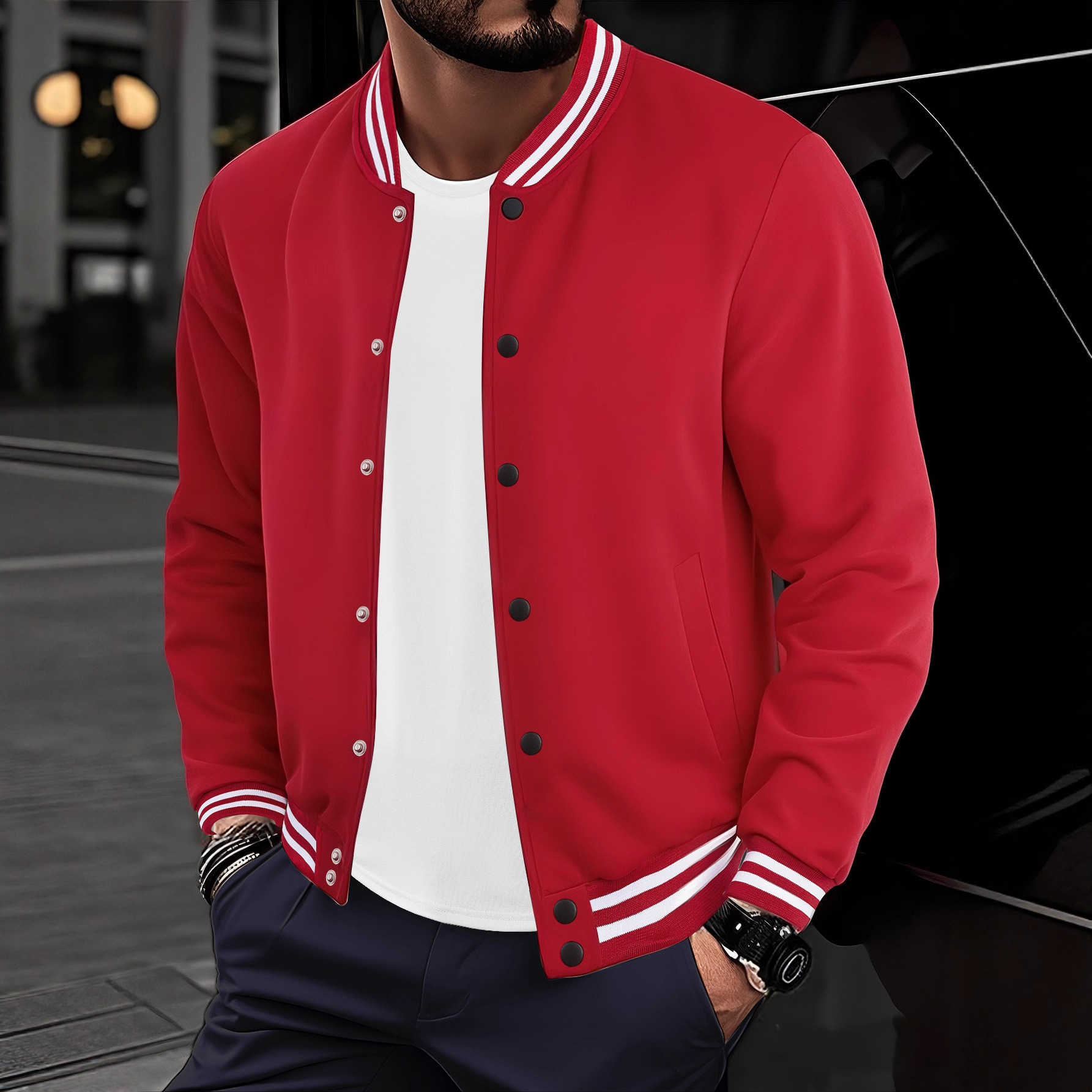 Men's Autumn Winter Fleece American Style Loose Casual Stand Collar Button Baseball Jacket S261013QGJJ