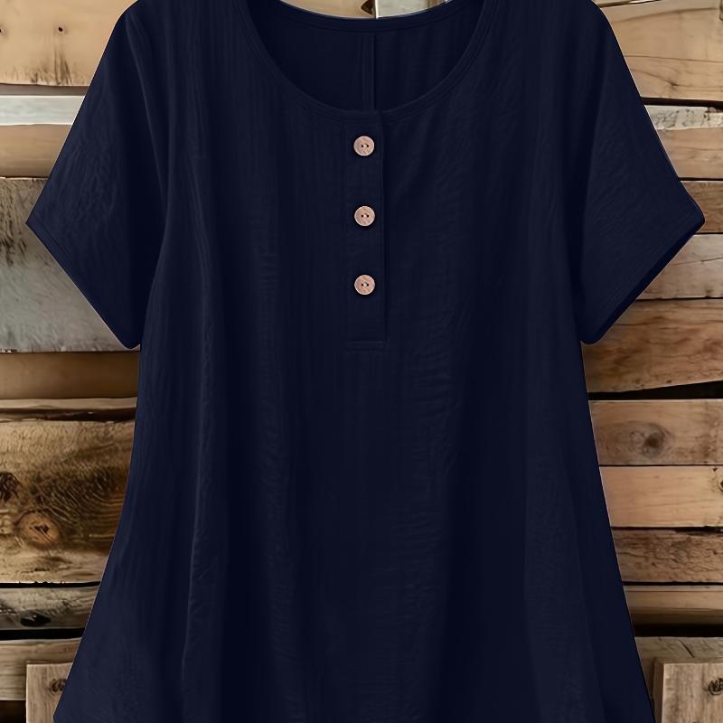 Women's Summer Short Sleeve Button Down Shirt Plus Size XL-5XL Solid Color Round Neck Elegant Commute Casual Top