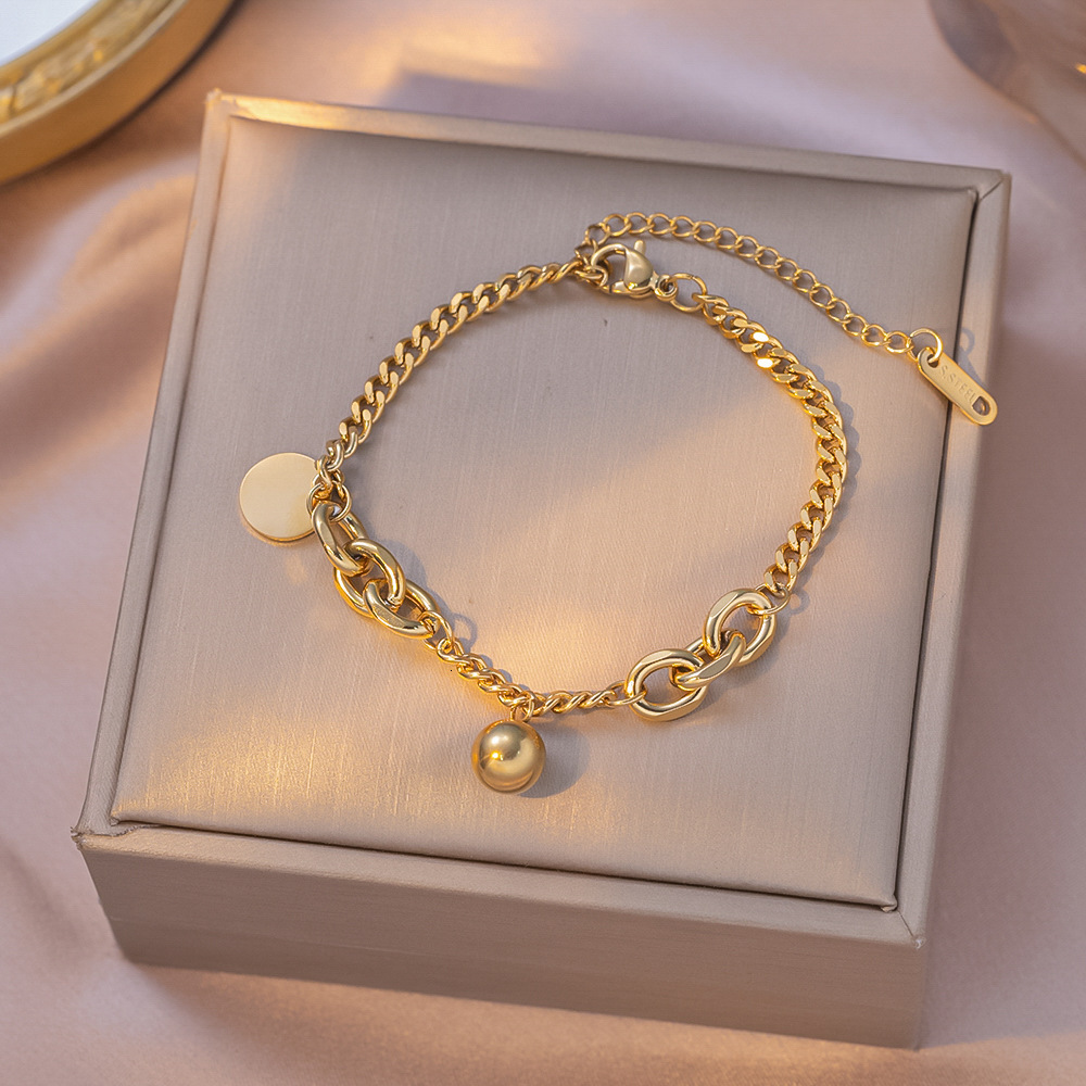 European And American Light Luxury High-End Versatile Gold Bead Round Titanium Steel Bracelet For Women, Personalized Splicing Design, Hip-Hop Exqui