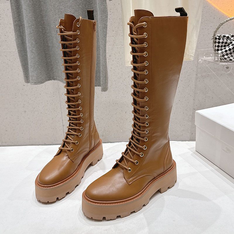 Womens New Western Cowboy Boots Handsome British Style Mid Length Boot Designer Lace Up Knight boots Ladie Retro Motorcycle boot Rubber Outsole Size