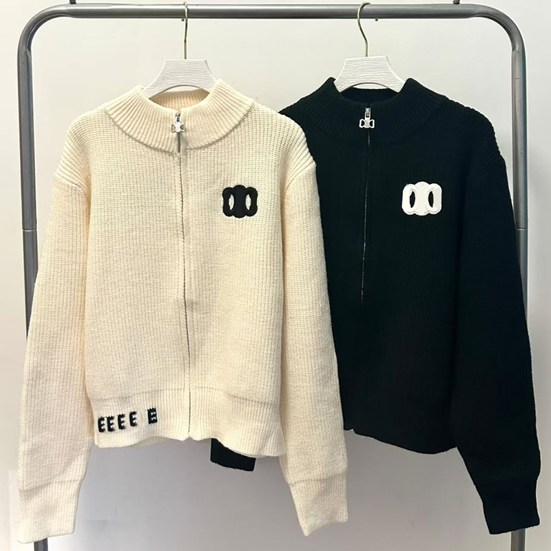 Designer Embroidered Sweater Jacket Women Stand Collar Zip Up Knitted Cardigan Spring Autumn Simple Daily Knit Outerwear